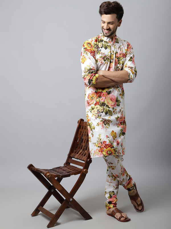 anokherang LKurtas White Floral Men Kurta