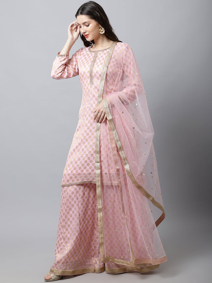 anokherang Salwar Suit Couple Matching Dress Baby Pink Straight Banarasi Kurti with Flared Palazzo and Dupatta with Pink Foil Chanderi Men Kurta Pajama Couple Matching Dress