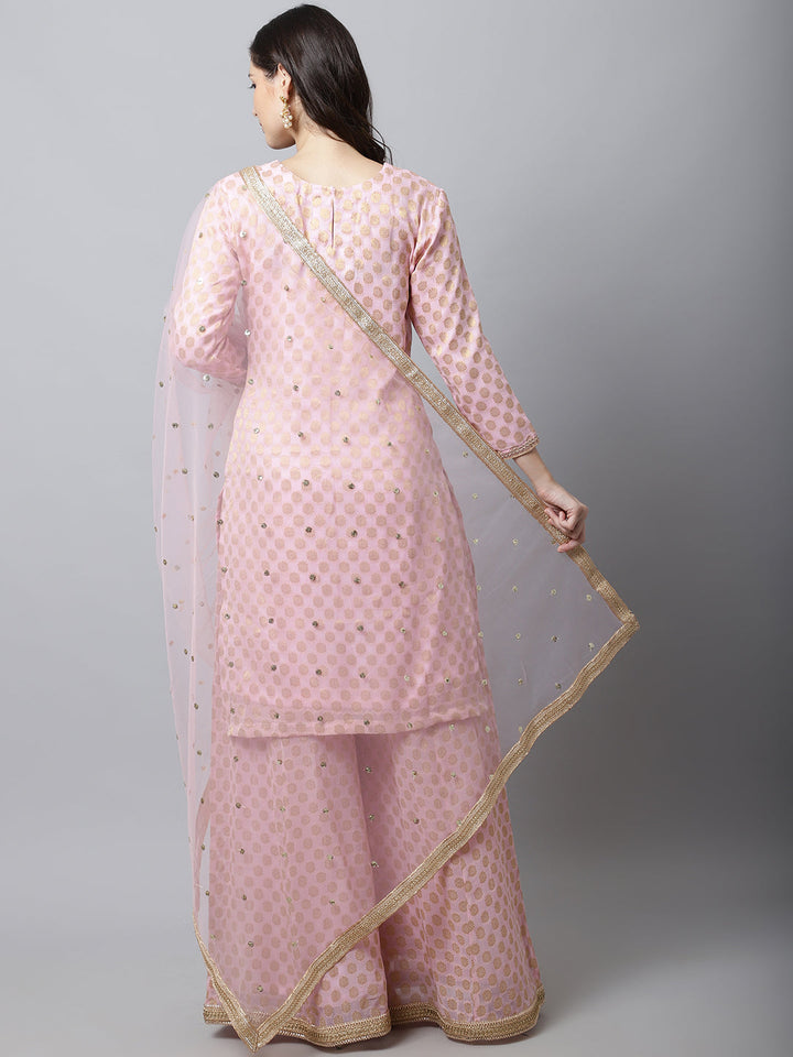 anokherang Salwar Suit Couple Matching Dress Baby Pink Straight Banarasi Kurti with Flared Palazzo and Dupatta with Pink Foil Chanderi Men Kurta Pajama Couple Matching Dress