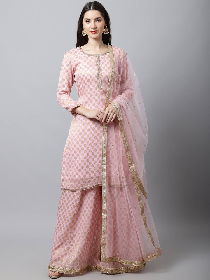 anokherang Salwar Suit Couple Matching Dress Baby Pink Straight Banarasi Kurti with Flared Palazzo and Dupatta with Pink Foil Chanderi Men Kurta Pajama Couple Matching Dress