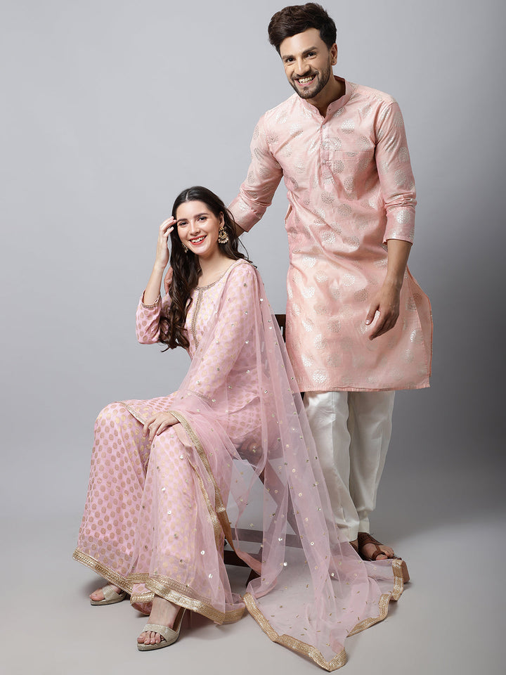 anokherang Salwar Suit Couple Matching Dress Baby Pink Straight Banarasi Kurti with Flared Palazzo and Dupatta with Pink Foil Chanderi Men Kurta Pajama Couple Matching Dress