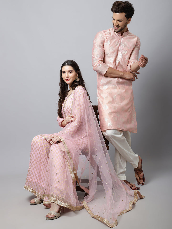 anokherang Salwar Suit Couple Matching Dress Baby Pink Straight Banarasi Kurti with Flared Palazzo and Dupatta with Pink Foil Chanderi Men Kurta Pajama Couple Matching Dress