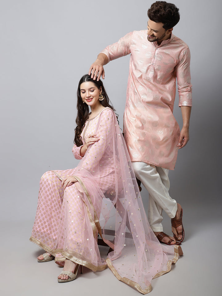anokherang Salwar Suit Couple Matching Dress Baby Pink Straight Banarasi Kurti with Flared Palazzo and Dupatta with Pink Foil Chanderi Men Kurta Pajama Couple Matching Dress