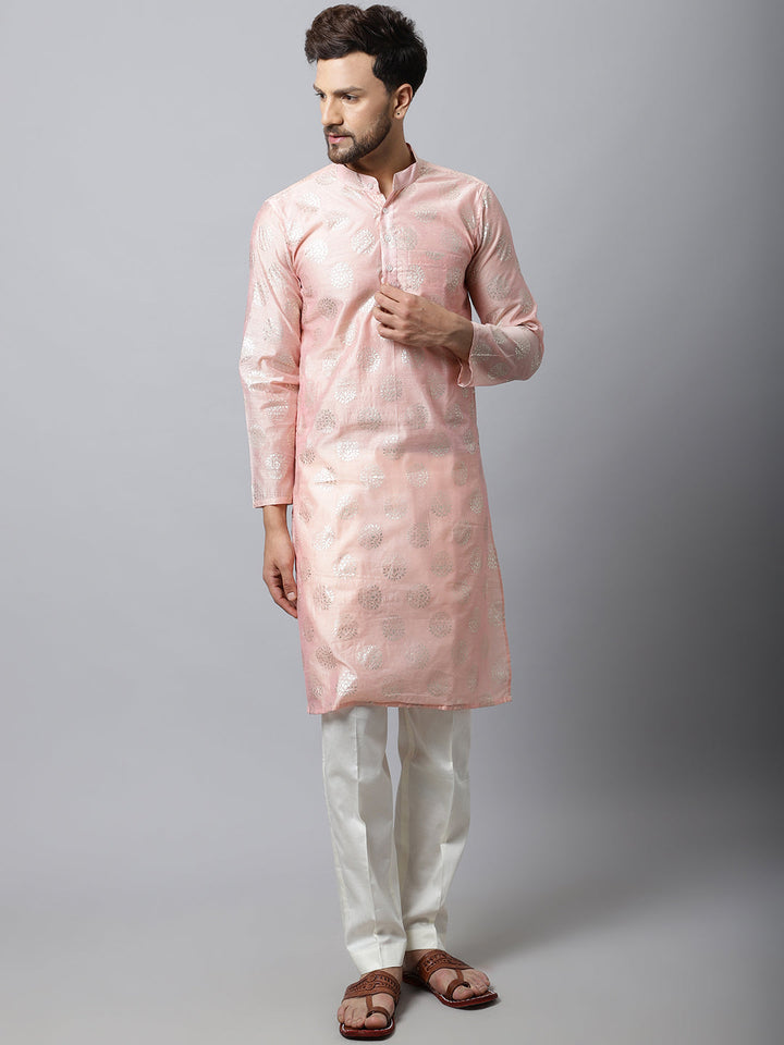 anokherang Salwar Suit Couple Matching Dress Baby Pink Straight Banarasi Kurti with Flared Palazzo and Dupatta with Pink Foil Chanderi Men Kurta Pajama Couple Matching Dress