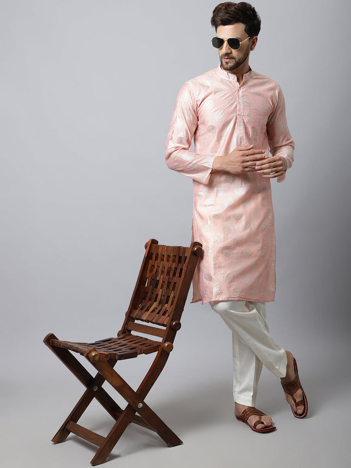 anokherang Salwar Suit Couple Matching Dress Baby Pink Straight Banarasi Kurti with Flared Palazzo and Dupatta with Pink Foil Chanderi Men Kurta Pajama Couple Matching Dress