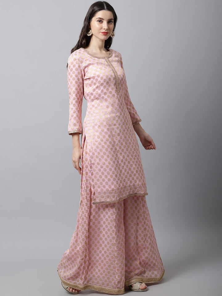 anokherang Salwar Suit Couple Matching Dress Baby Pink Straight Banarasi Kurti With Flared Palazzo Couple Matching Dress