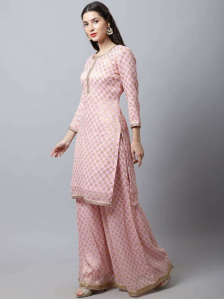 anokherang Salwar Suit Couple Matching Dress Baby Pink Straight Banarasi Kurti With Flared Palazzo Couple Matching Dress