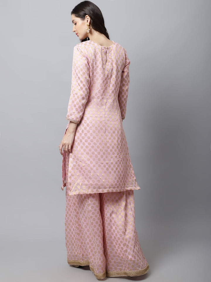 anokherang Salwar Suit Couple Matching Dress Baby Pink Straight Banarasi Kurti With Flared Palazzo Couple Matching Dress