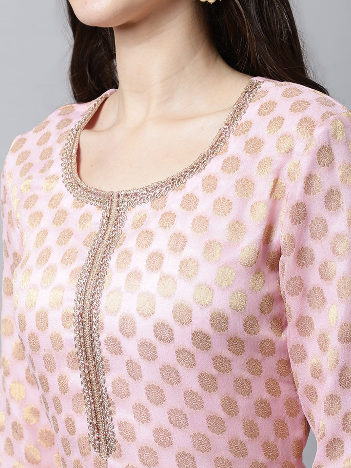 anokherang Salwar Suit Couple Matching Dress Baby Pink Straight Banarasi Kurti With Flared Palazzo Couple Matching Dress