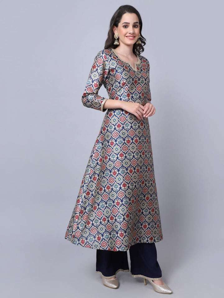 anokherang Salwar Suit Couple Matching Dress Breezy Blue Moroccan Printed Kurti with Palazzo and Navy Blue Silk Men Kurta Pajama Couple Matching Dress