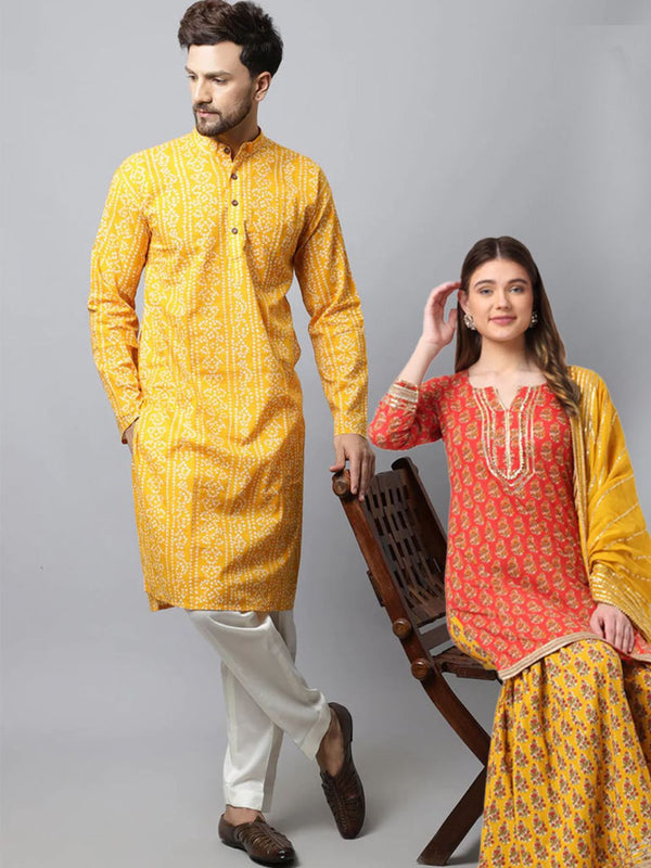 anokherang Salwar Suit Couple Matching Dress Dazzling Red Mustard Printed Sharara and Dupatta with Yellow Bandhani Men Kurta Pajama Couple Matching Dress