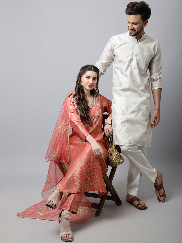 https://www.anokherang.com/cdn/shop/products/anokherang-salwar-suit-couple-matching-dress-maharani-pink-embroidered-kurti-with-straight-pants-and-organza-dupatta-with-ivory-foil-chanderi-men-kurta-pajama-couple-matching-dress-38.jpg?v=1666594667&width=600