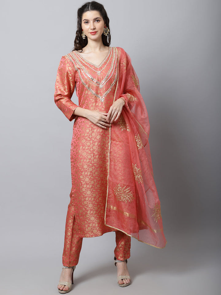 anokherang Salwar Suit Couple Matching Dress Maharani Pink Embroidered Kurti with Straight Pants and Organza Dupatta with Ivory Foil Chanderi Men Kurta Pajama Couple Matching Dress