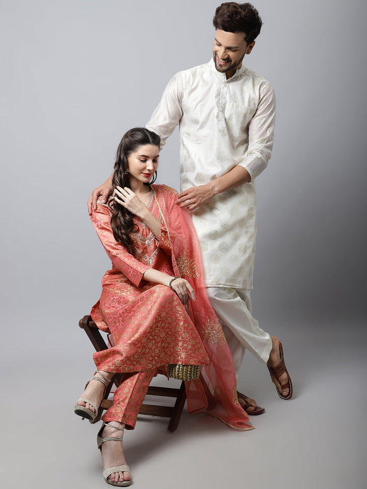 anokherang Salwar Suit Couple Matching Dress Maharani Pink Embroidered Kurti with Straight Pants and Organza Dupatta with Ivory Foil Chanderi Men Kurta Pajama Couple Matching Dress