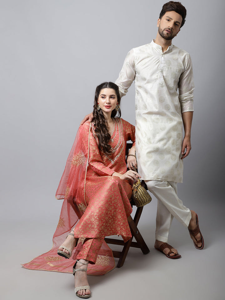 anokherang Salwar Suit Couple Matching Dress Maharani Pink Embroidered Kurti with Straight Pants and Organza Dupatta with Ivory Foil Chanderi Men Kurta Pajama Couple Matching Dress