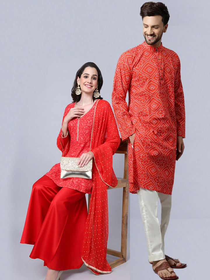 anokherang Salwar Suit Couple Matching Dress Rose Red Printed Short Kurti with Flared Palazzo and Dupatta with Red Bandhani Men Kurta Pajama Couple Matching Dress