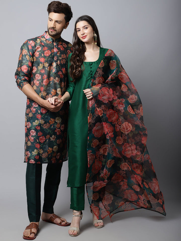 anokherang Salwar Suit Couple Matching Dress Sizzling Green Kurti with Pants and Printed Dupatta with Green Floral Printed Men Kurta Pajama Couple Matching Dress