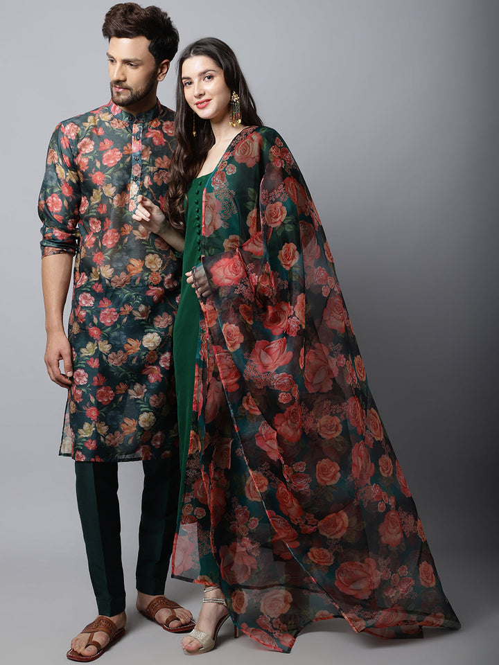 anokherang Salwar Suit Couple Matching Dress Sizzling Green Kurti with Pants and Printed Dupatta with Green Floral Printed Men Kurta Pajama Couple Matching Dress
