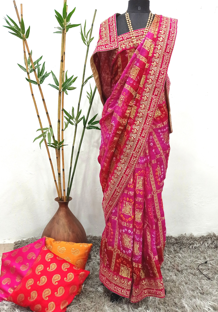anokherang Sarees Bridal Red and Pink Sada Saubhagyavati Bandhani Saree