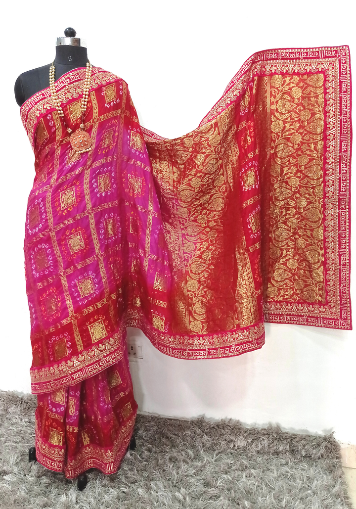 anokherang Sarees Bridal Red and Pink Sada Saubhagyavati Bandhani Saree