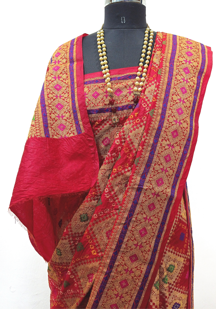 anokherang Sarees Bridal Red Banarasi Bandhani Weaved Silk Saree