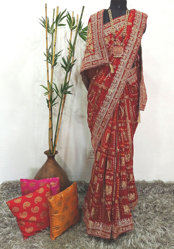 anokherang Sarees Bridal Red Sada Saubhagyavati Bandhani Saree