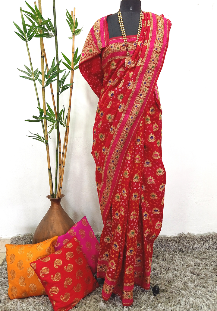 anokherang Sarees Bridal Scarlet Red Banarasi Bandhani Weaved Silk Saree