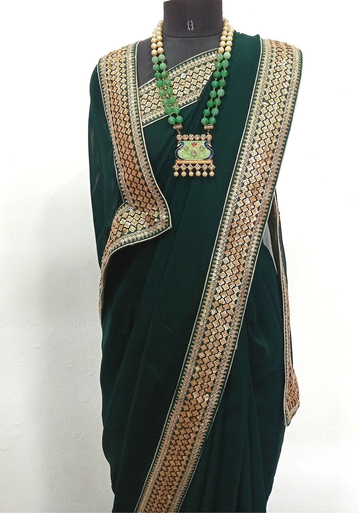 anokherang Sarees Emerald Green Sequin Embroidered Border Georgette Saree