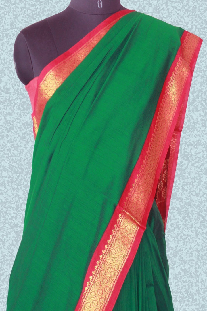 anokherang Sarees Forest Green Golden Zari border saree