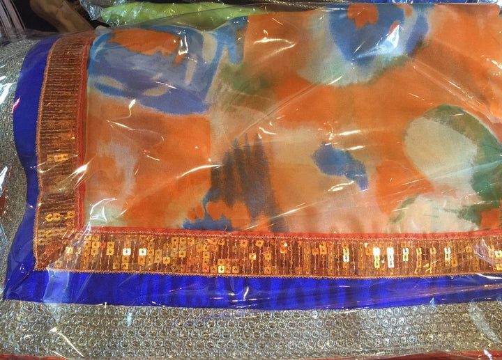 anokherang Sarees Orange and Blue printed saree in Chiffon Silk
