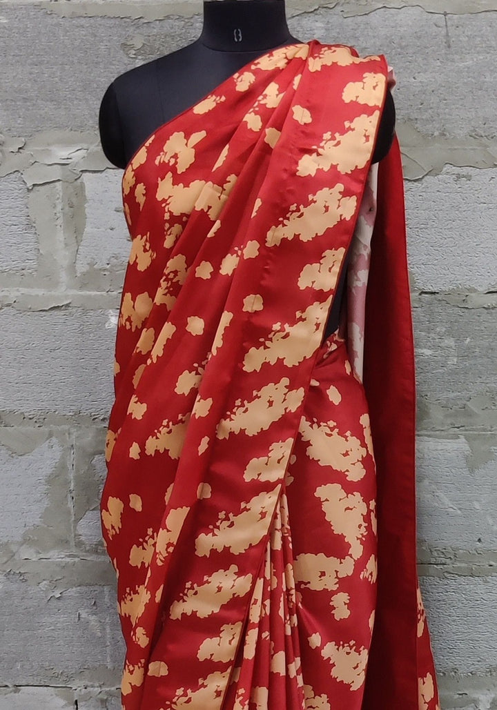 anokherang Sarees Red And Beige Printed Satin Saree