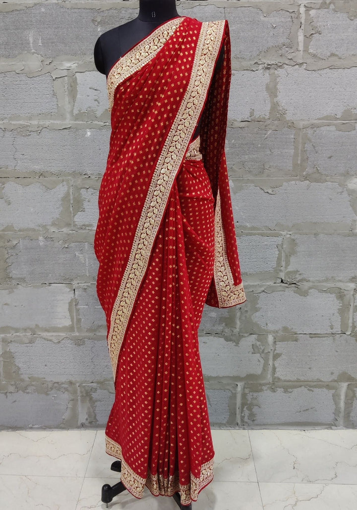 anokherang Sarees Red Banarsi Embroidered Velvet Border Georgette Saree