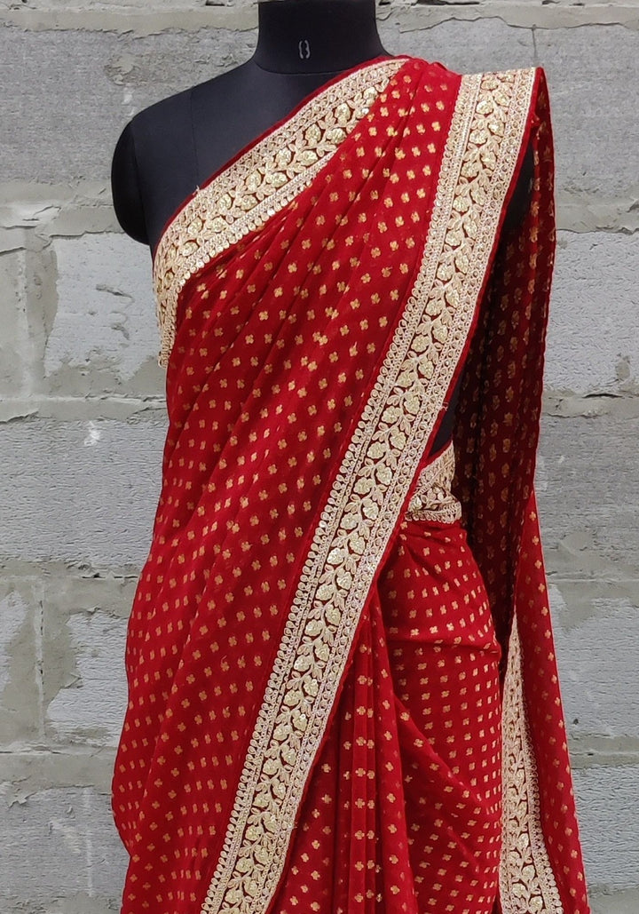 anokherang Sarees Red Banarsi Embroidered Velvet Border Georgette Saree