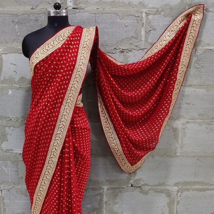 anokherang Sarees Red Banarsi Embroidered Velvet Border Georgette Saree