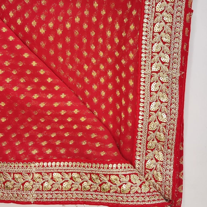 anokherang Sarees Red Banarsi Embroidered Velvet Border Georgette Saree