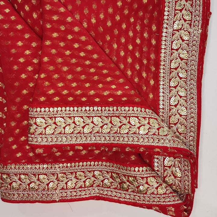 anokherang Sarees Red Banarsi Embroidered Velvet Border Georgette Saree
