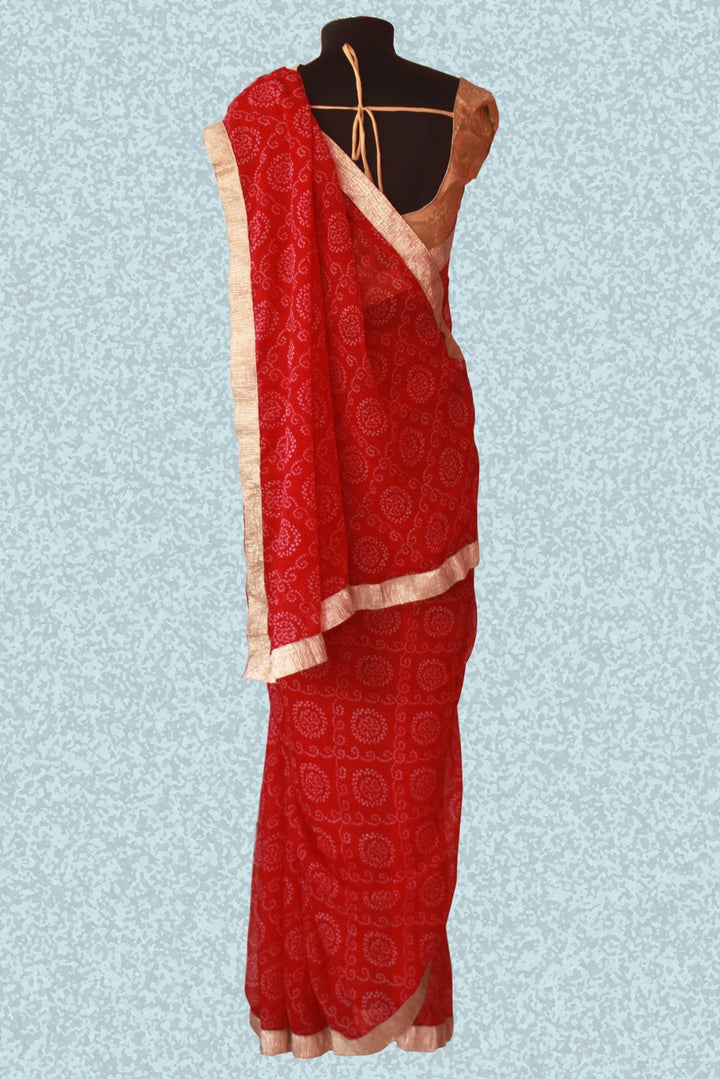 anokherang Sarees Red Bandhni print saree