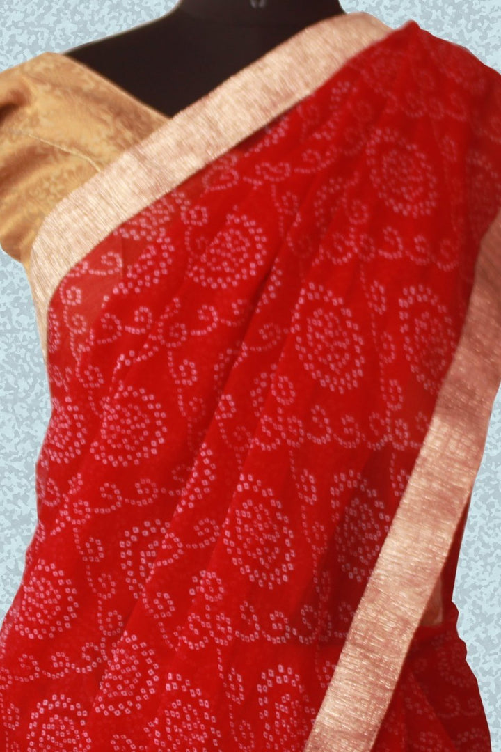 anokherang Sarees Red Bandhni print saree