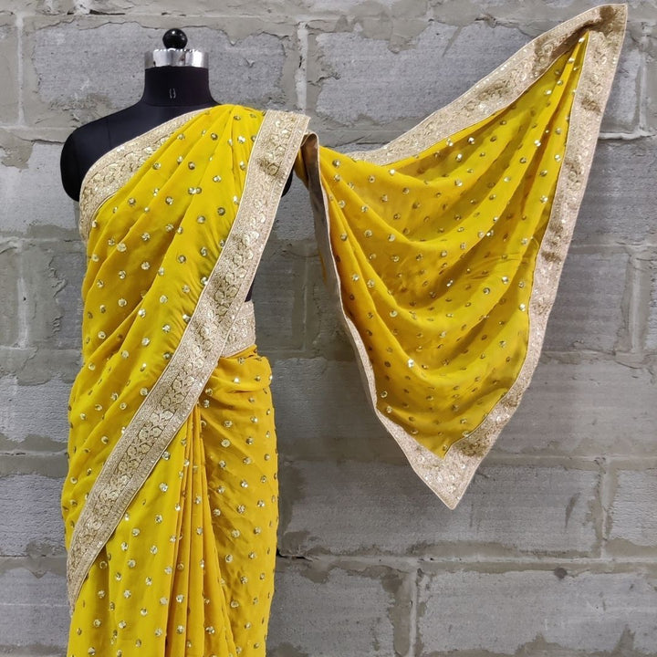 anokherang Sarees Warm Mustard Embroidered Border Georgette Saree