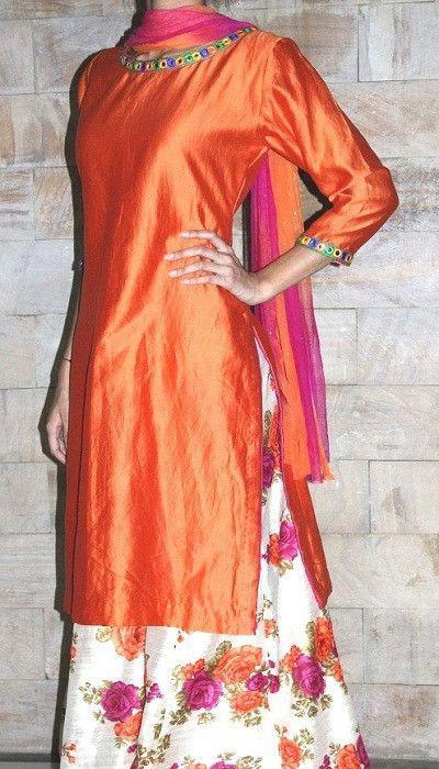 anokherang Suits Orange Chanderi Suit with Kalidaar Palazzo and Net Dupatta