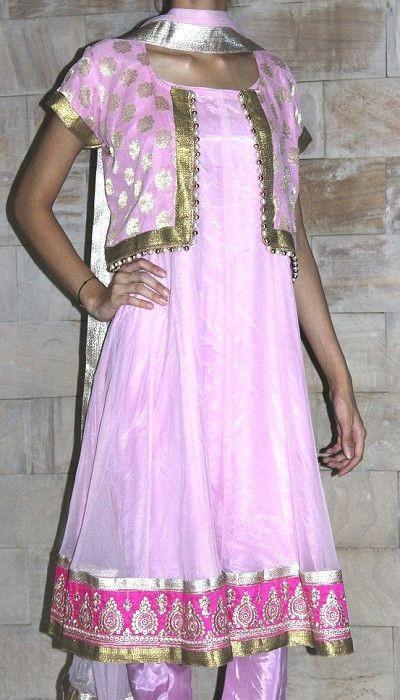 anokherang Suits Pink Champagne Anarkali Suit with Zardozi Jacket and Net Dupatta