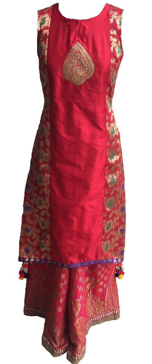 anokherang Suits Red Rose Silk Brocade Suit with Shaded Magenta & Red Palazzo