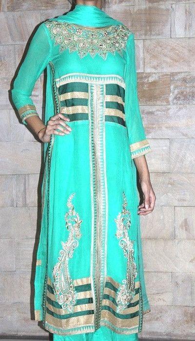 anokherang Suits Sea green georgette suit with golden thread and mirror work