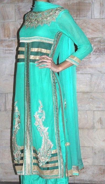 anokherang Suits Sea green georgette suit with golden thread and mirror work