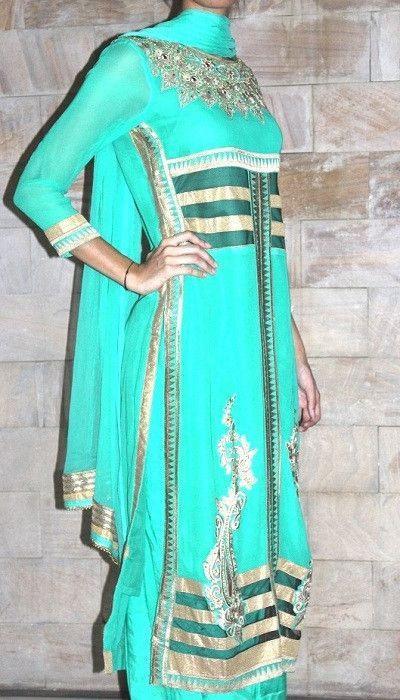 anokherang Suits Sea green georgette suit with golden thread and mirror work