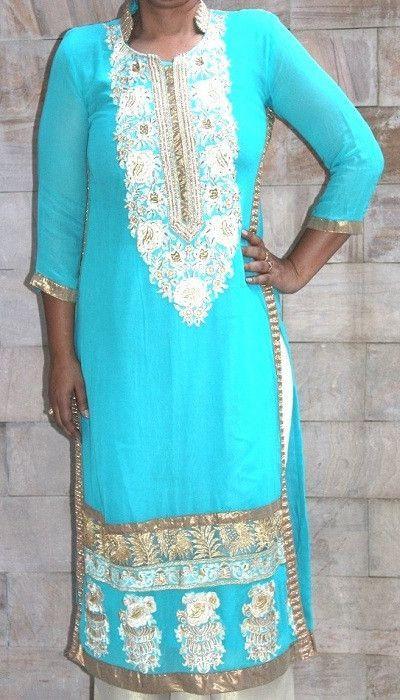 anokherang Suits Sea green georgette suit with golden thread work