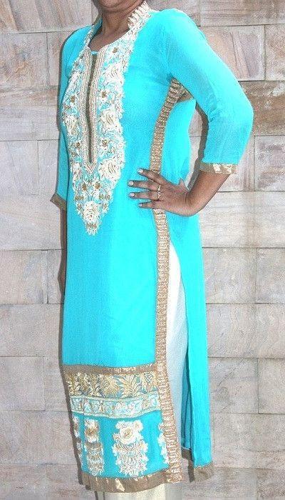 anokherang Suits Sea green georgette suit with golden thread work